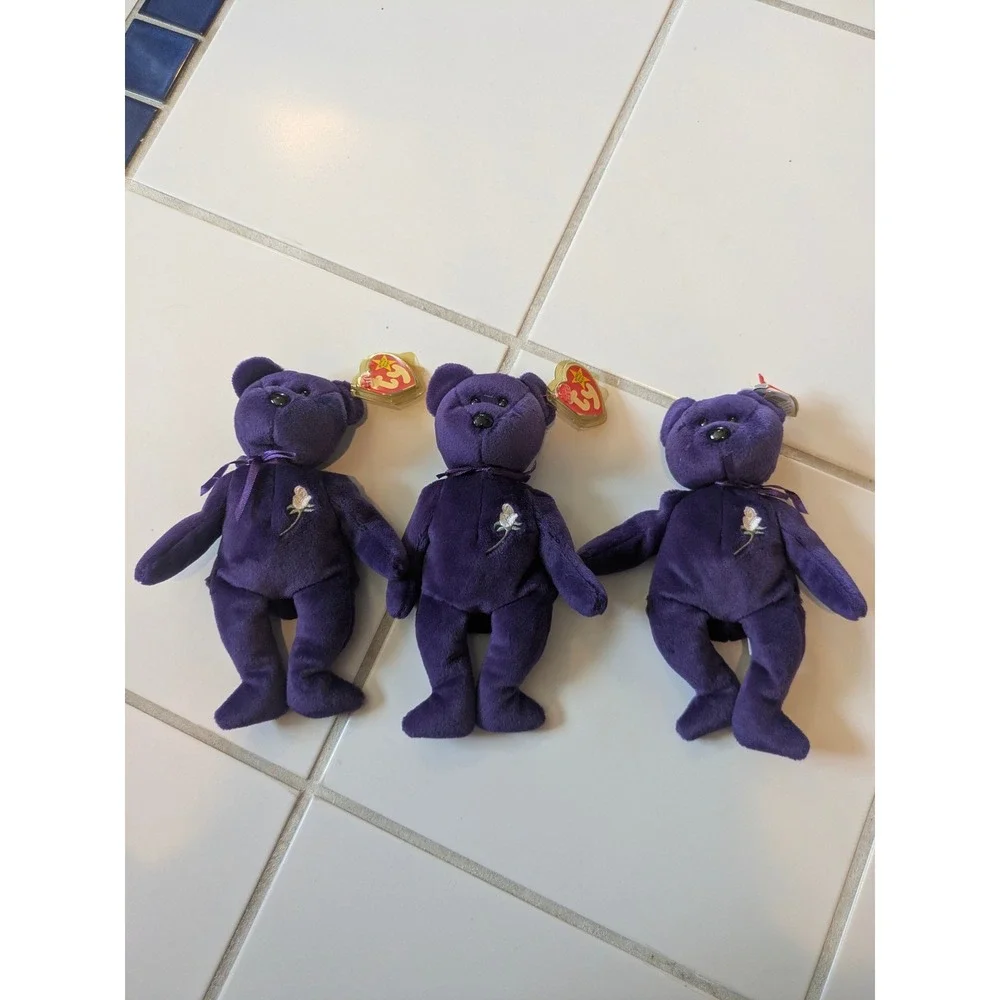 Ty Beanie Babies Princess Diana Purple Bear Lot of 3 Commemorative Plush 1997